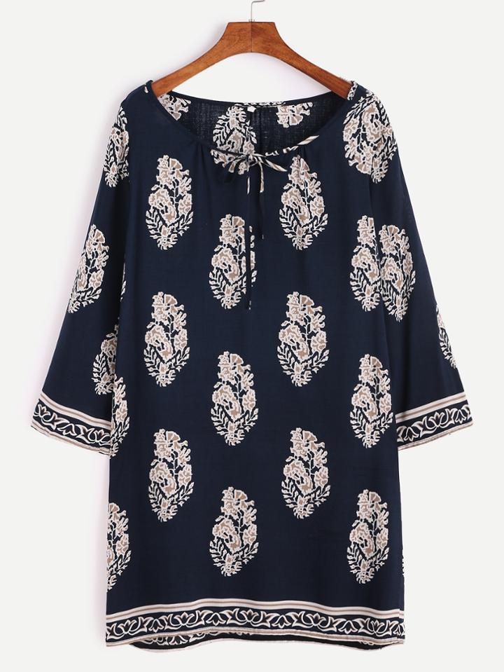 Romwe Navy Tribal Print Tie Neck Tunic Dress