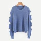 Romwe Cut Out Sleeve Pearl Detail Jumper