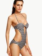 Romwe Black White Striped Halter Monokini