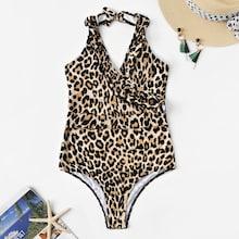 Romwe Leopard Ruffle Halter One Piece Swimwear