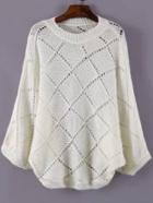 Romwe Bat Sleeve Open-knit Diamond White Sweater