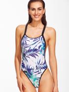 Romwe Leaf Print Contrast Trim Cross Back One-piece Swimwear