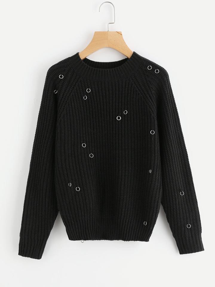 Romwe Metal Ring Detail Raglan Sleeve Jumper