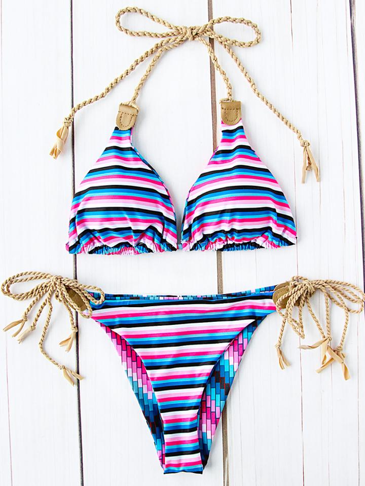 Romwe Striped Printed Side Tie Triangle Bikini Set