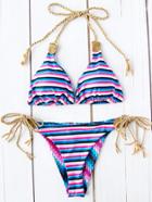 Romwe Striped Printed Side Tie Triangle Bikini Set