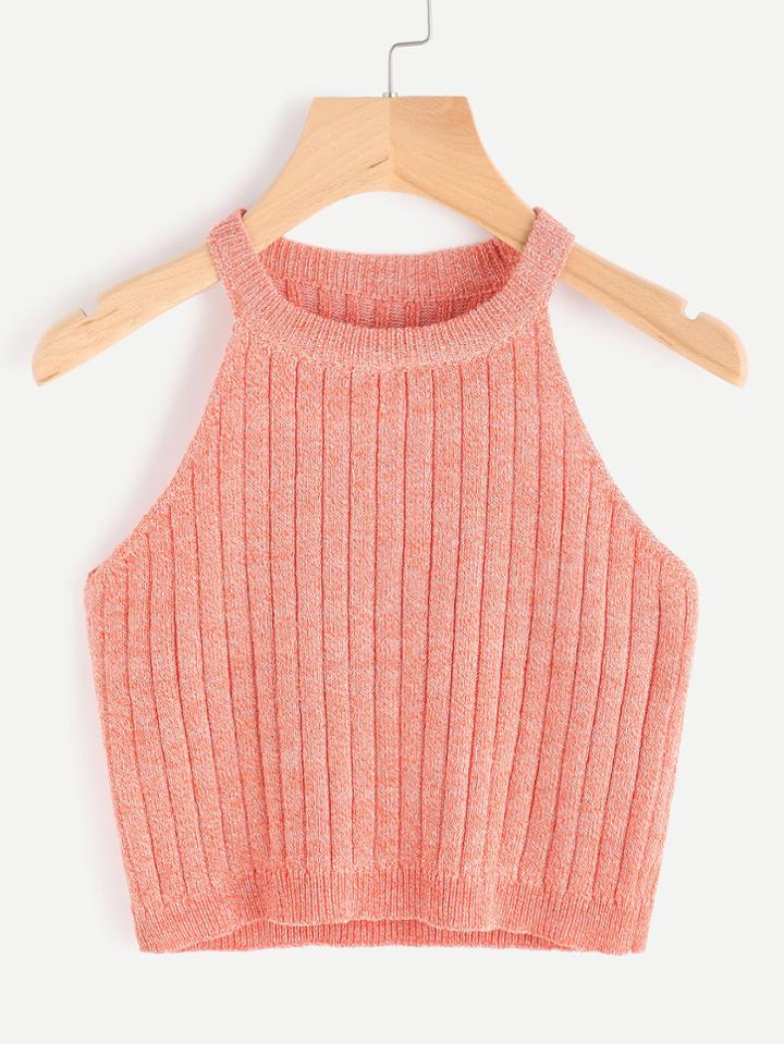 Romwe Marled Knit Ribbed Halter Neck Tank Top