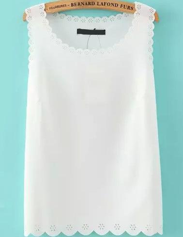 Romwe Round Neck Scalloped Hollow White Tank Top