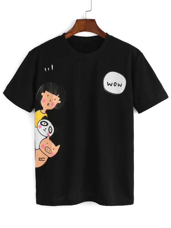 Romwe Comic Print Black T-shirt