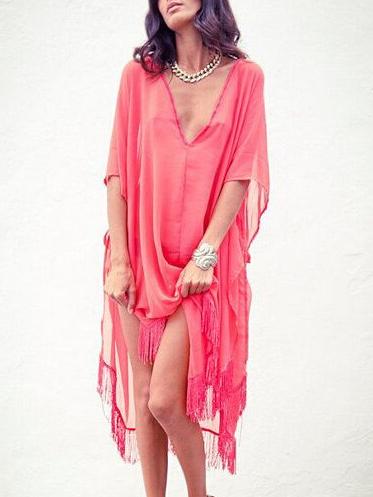 Romwe Deep V Neck Fringe Chiffon Melon Dress