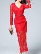 Romwe Red V Neck Long Sleeve Drawstring Lace Dress