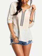 Romwe Embroidery Split Neck Peasant Blouse