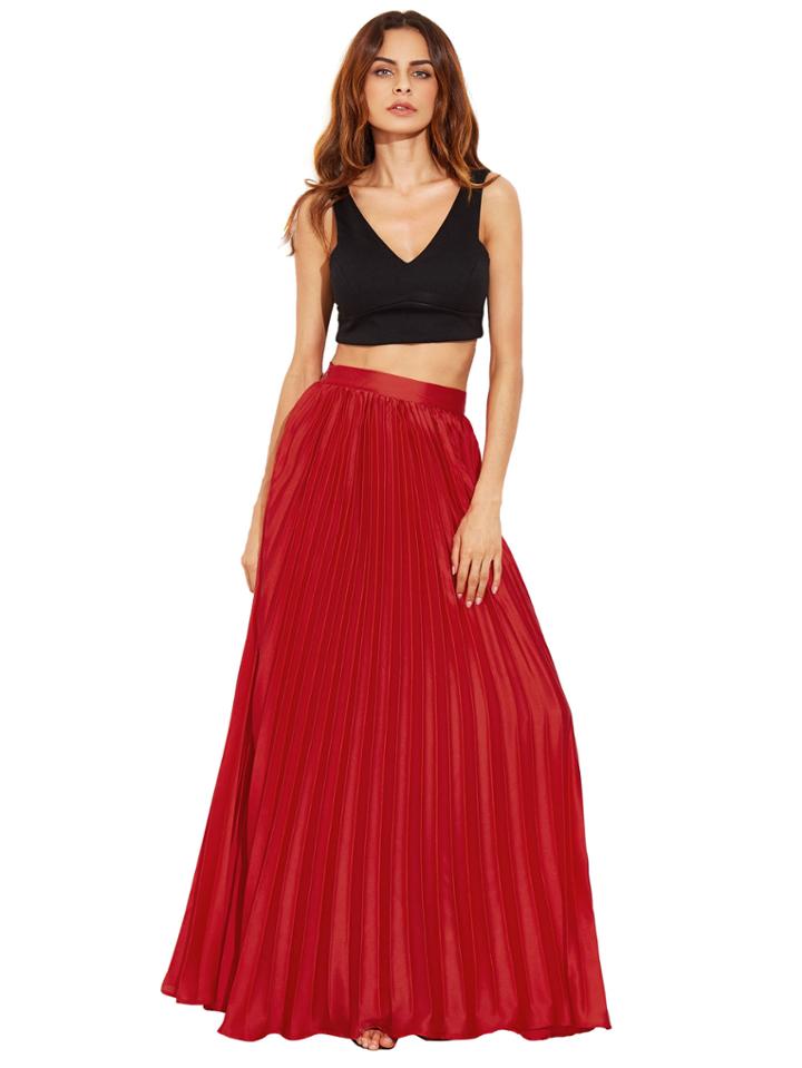 Romwe Crimson Zipper Side Pleated Flare Maxi Skirt