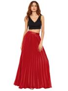 Romwe Crimson Zipper Side Pleated Flare Maxi Skirt