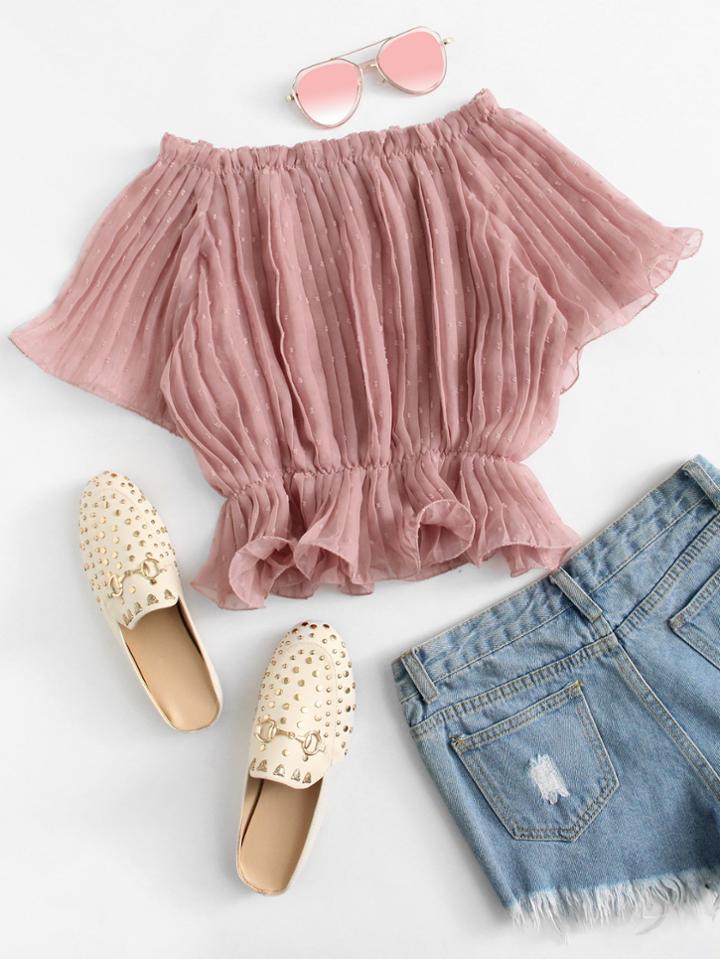 Romwe Off Shoulder Pleated Top