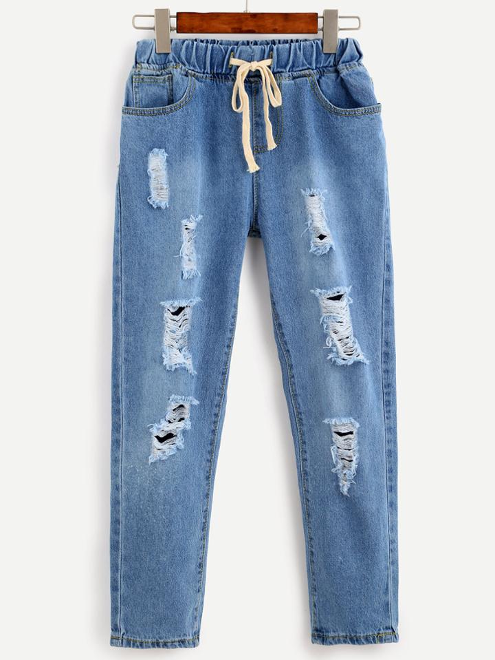 Romwe Blue Drawstring Waist Ripped Bleach Wash Jeans