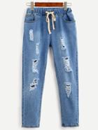 Romwe Blue Drawstring Waist Ripped Bleach Wash Jeans