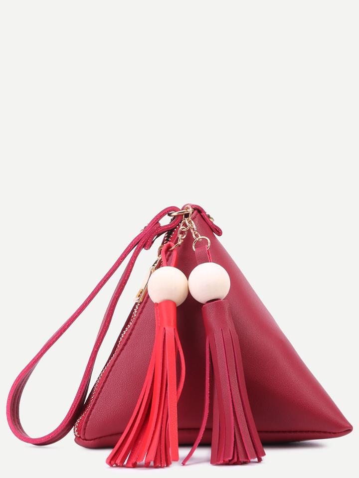 Romwe Burgundy Pu Tetrahedron Design Tassel Trim Zip Closure Handbag