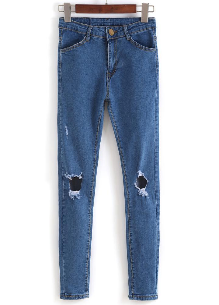 Romwe Ripped Denim Slim Pant