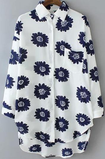Romwe Lapel Dip Hem Flower Print Chiffon Blue Blouse