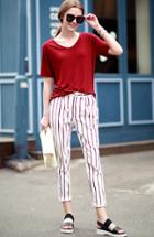 Romwe Short Sleeve Top With Vertical Striped Pant