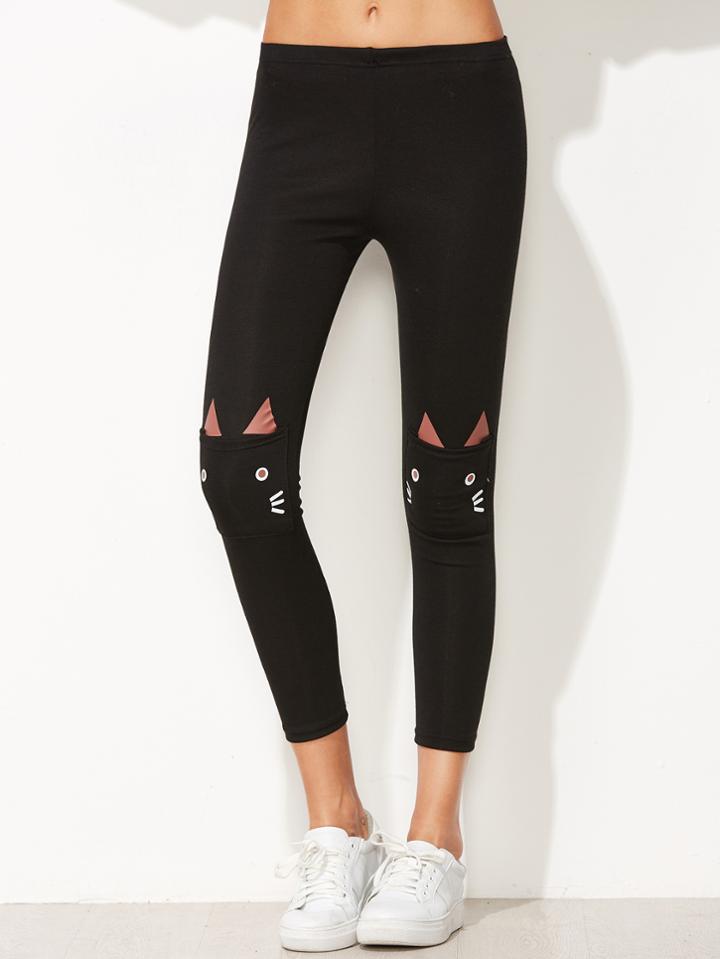 Romwe Black Knee Cat Pockets Stretch Leggings