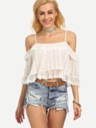 Romwe Cold Shoulder Crop Lace Top - White