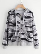 Romwe Hooded Drawstring Camo Print Sweatshirt Coat