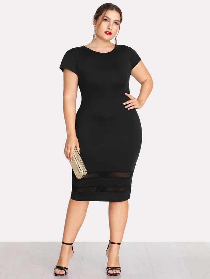 Romwe Mesh Insert Cap Sleeve Pencil Dress