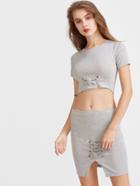 Romwe Heather Grey Knot Tie Detail Crop Top With Skirt