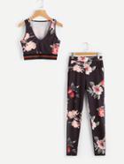Romwe Striped Trim Floral Print Crop Tank Top With Pants