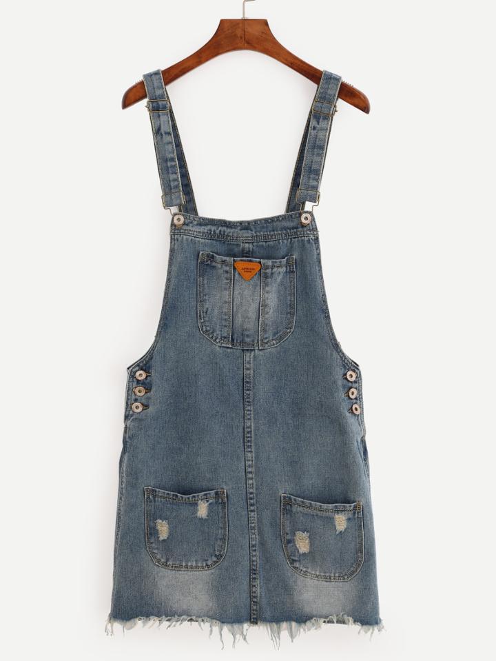Romwe Pocket Front Raw Hem Overall Denim Dress - Blue