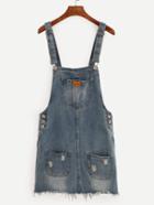 Romwe Pocket Front Raw Hem Overall Denim Dress - Blue