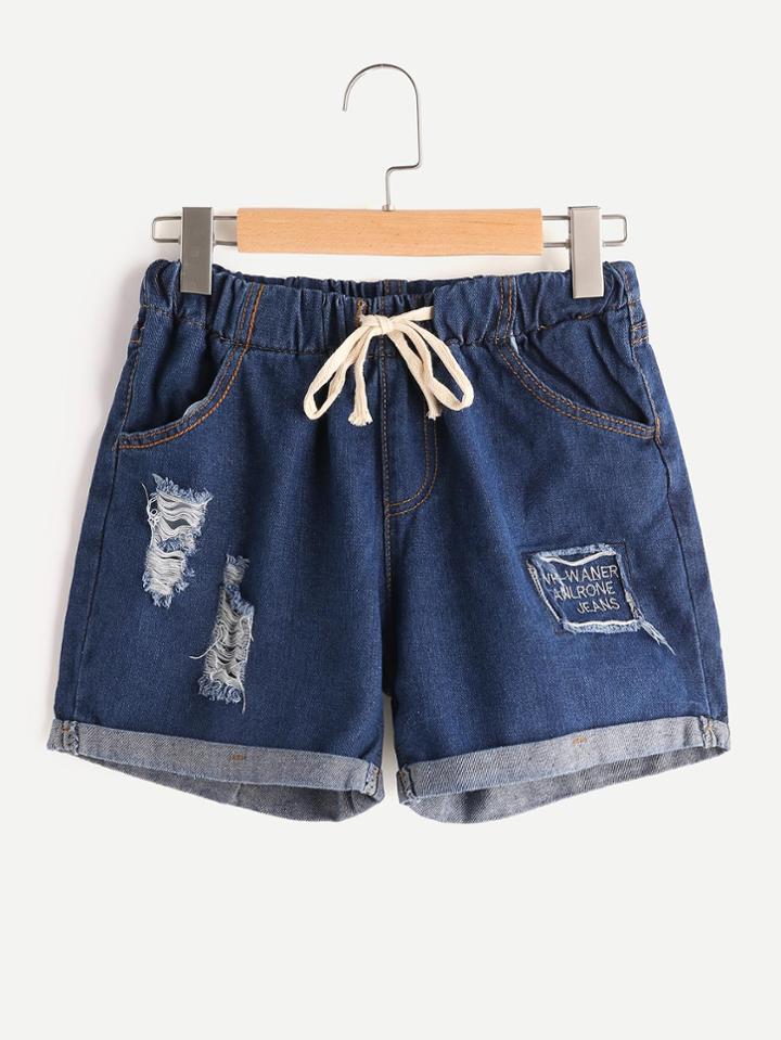 Romwe Letter Embroidered Drawstring Waist Distressed Cuffed Shorts