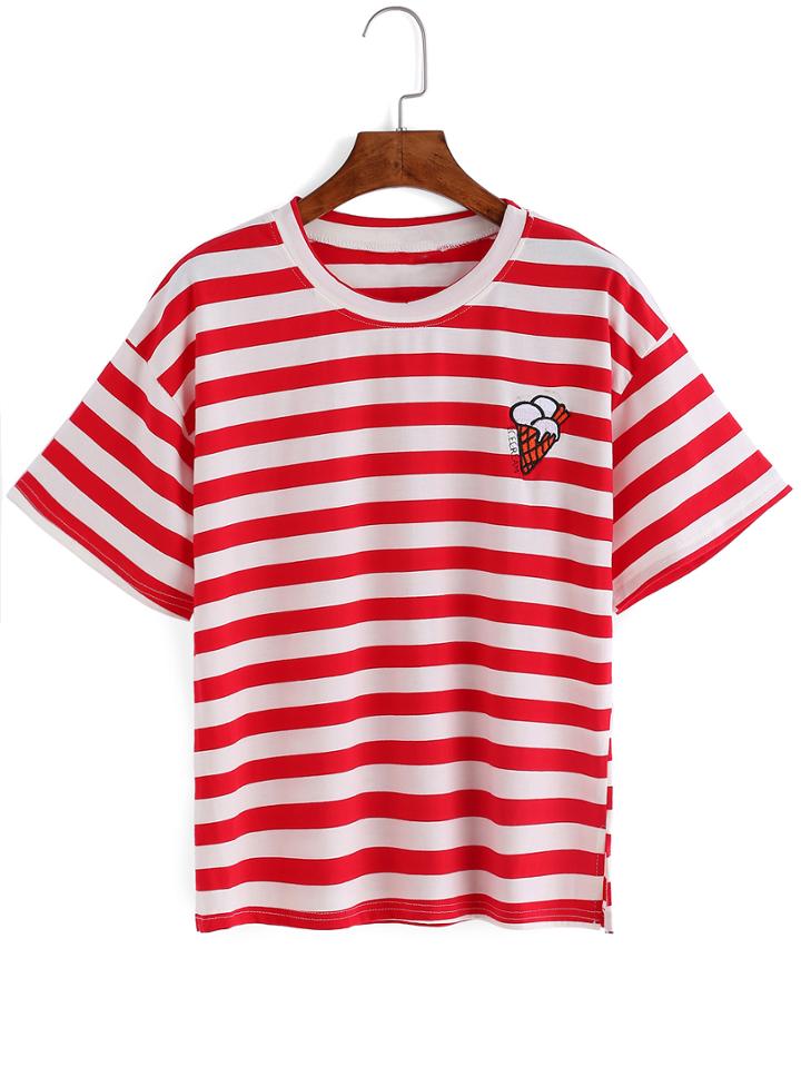 Romwe Striped Ice Cream Embroidered Red T-shirt