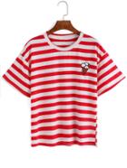 Romwe Striped Ice Cream Embroidered Red T-shirt