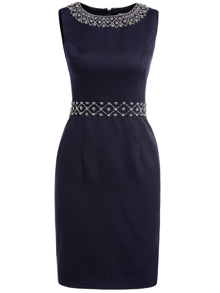 Romwe Navy Round Neck Sleeveless Beading Bodycon Dress