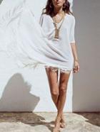 Romwe Deep V Neck Fringe Chiffon White Dress