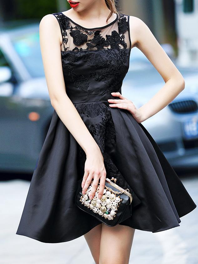 Romwe Black Round Neck Sleeveless Contrast Gauze Embroidered Dress
