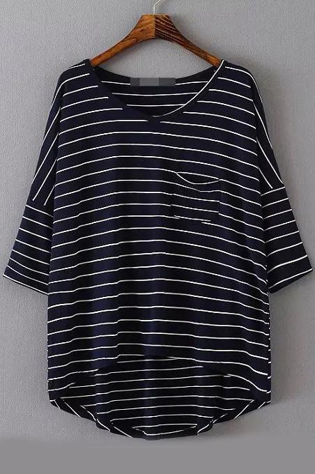 Romwe Dip Hem With Pocket Striped Navy T-shirt