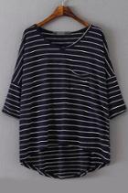 Romwe Dip Hem With Pocket Striped Navy T-shirt