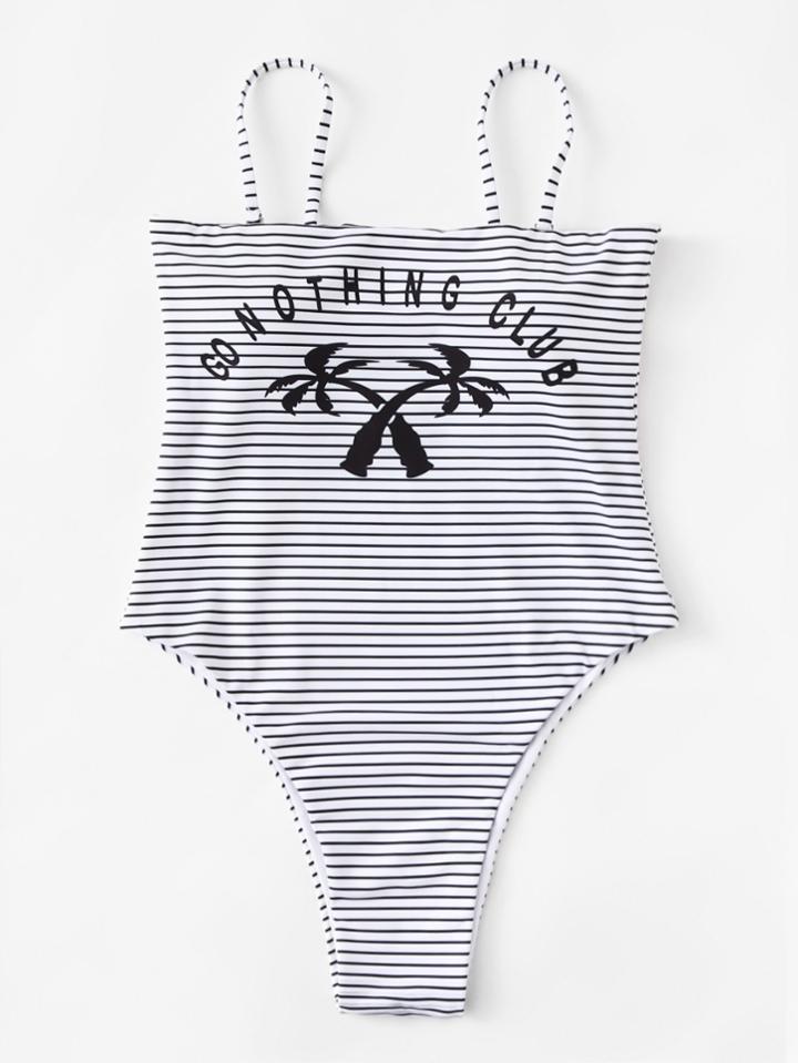 Romwe Striped Palm Print Swimsuit
