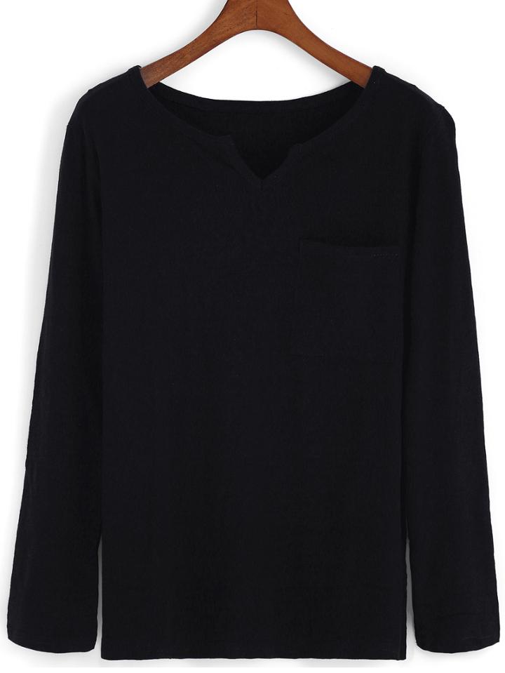 Romwe V Neck With Pocket Black T-shirt