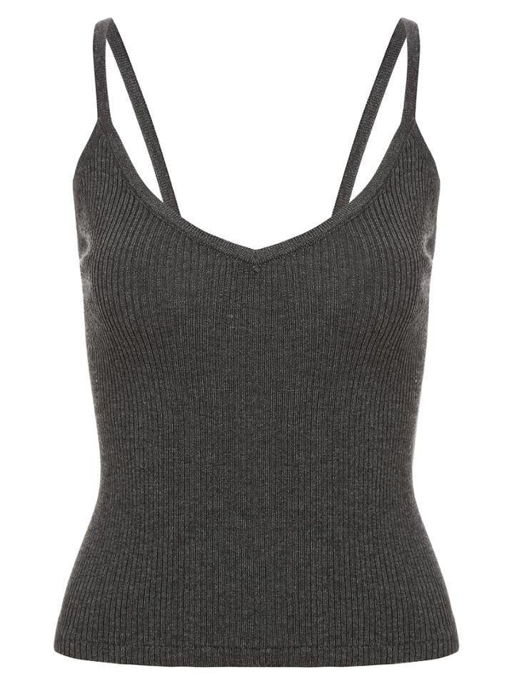 Romwe V-neck Ribbed Cami Top - Dark Grey