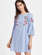 Romwe Fluted Sleeve Blossom Embroidered Striped Dress