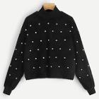 Romwe Mock-neck Pearl Embellished Pullover