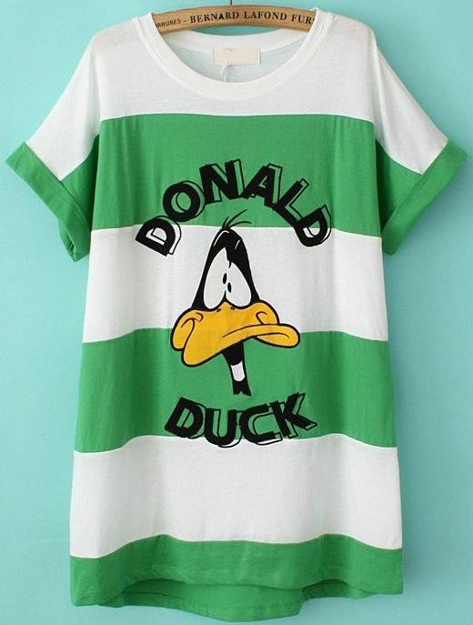 Romwe Donald Duck Print Green And White T-shirt