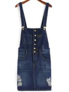 Romwe Strap Single Breasted Ripped Denim Dress