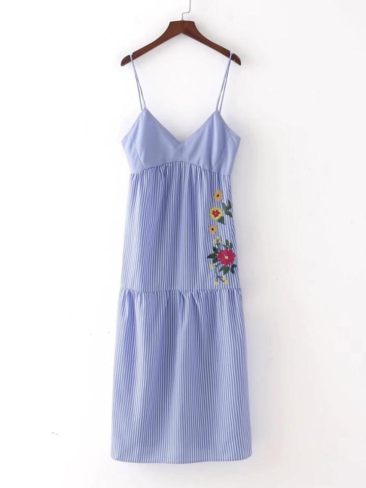 Romwe Vertical Striped Embroidered Cami Dress
