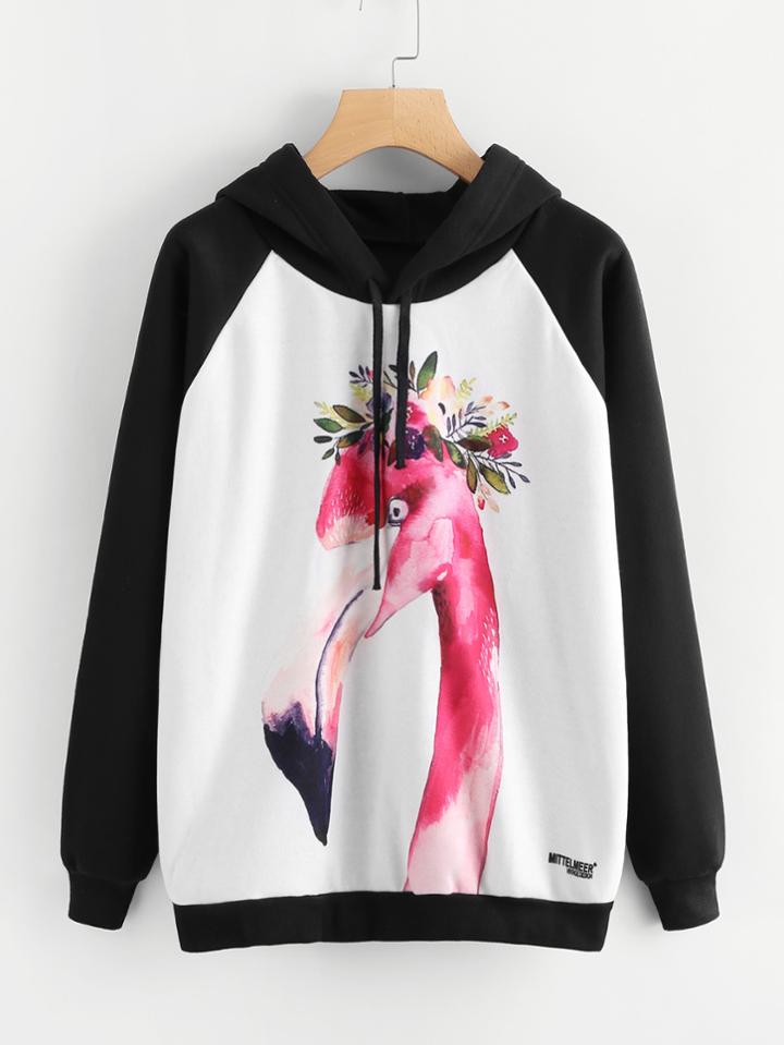 Romwe Flamingo Print Raglan Hoodie