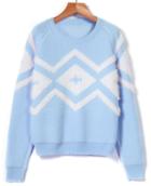 Romwe Geometric Print Mohair Knit Blue Sweater